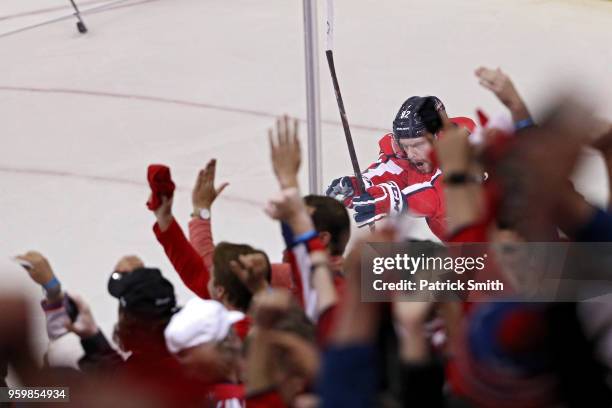 Evgeny Kuznetsov of the Washington Capitals celebrates after scoring a goal on Andrei Vasilevskiy of the Tampa Bay Lightning during the second period...