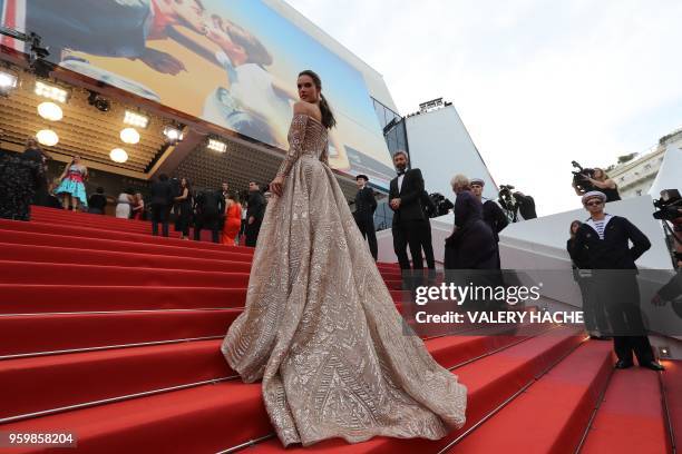 Brazilian model Alessandra Ambrosio poses as she arrives on May 18, 2018 for the screening of the film "The Wild Pear Tree " at the 71st edition of...