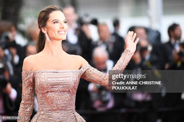 Brazilian model Alessandra Ambrosio poses as she arrives on May 18, 2018 for the screening of the film "The Wild Pear Tree " at the 71st edition of...