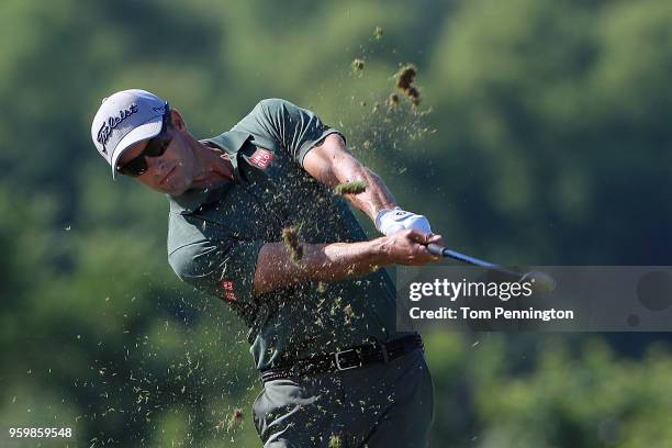 Adam Scott of Australia plays a shot on the 16th hole during the second round of the AT&T Byron Nelson at Trinity Forest Golf Club on May 18, 2018 in...