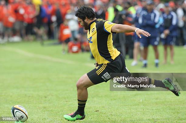 Piri Weepu captain of the Hurricanes kicks a conversion during a Super 14 Trial match between the Hurricanes and the Blues at Mangatainoka Rugby...