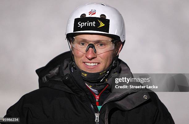 Jeret Peterson of the USA smiles during the 2010 Freestyle World Cup aerials competition at Olympic Jumping Complex on January 22, 2010 in Lake...