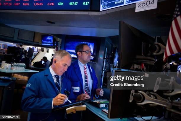 Traders work on the floor of the New York Stock Exchange in New York, U.S., on Friday, May 18, 2018. U.S. Stocks fluctuated, the dollar rose and...