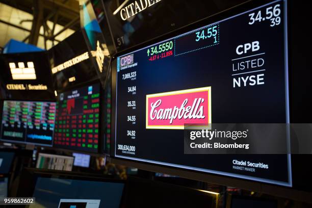 Monitor displays Campbell Soup Co. Signage on the floor of the New York Stock Exchange in New York, U.S., on Friday, May 18, 2018. U.S. Stocks...