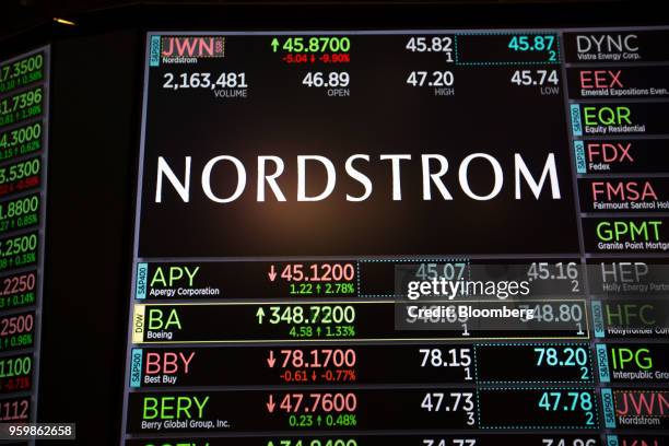 Monitor displays Nordstrom Inc. Signage on the floor of the New York Stock Exchange in New York, U.S., on Friday, May 18, 2018. U.S. Stocks...