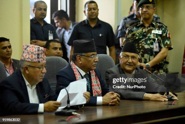 Prime Minister KP Oli and CPN Chair Pushpa Kamal Dahal and Leaders of newly formed Communist Party of Nepal at the Election Commission to submit the...