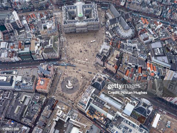 aerial of amsterdam center over dam square - dam square stock pictures, royalty-free photos & images