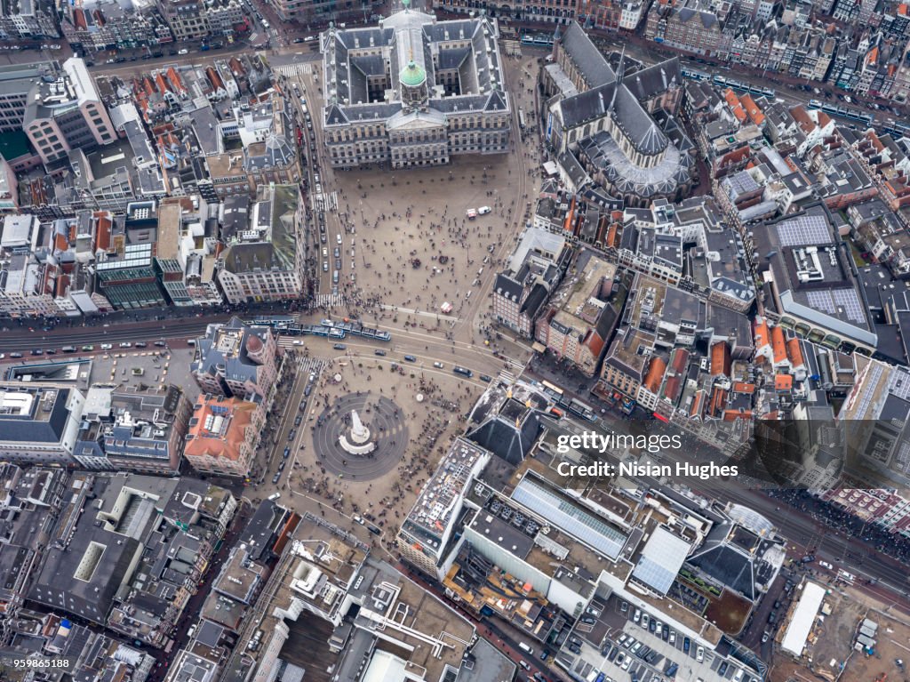 Aerial of Amsterdam center over Dam Square
