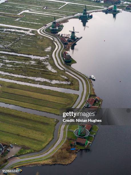 aerial of zaanse schans windmills in amsterdam - zaanse schans stockfoto's en -beelden