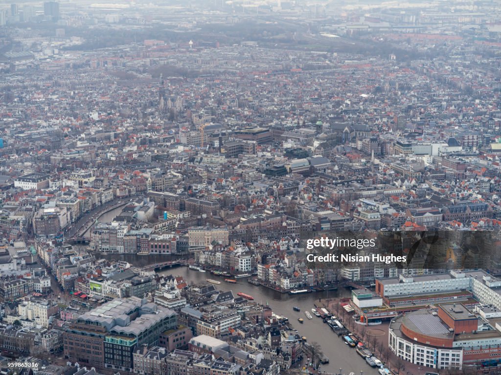 Aerial of Amsterdam city center and Amstel river