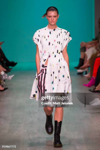 Model walks the runway during the Akira show at Mercedes-Benz Fashion Week Resort 19 Collections at Carriageworks on May 17, 2018 in Sydney,...