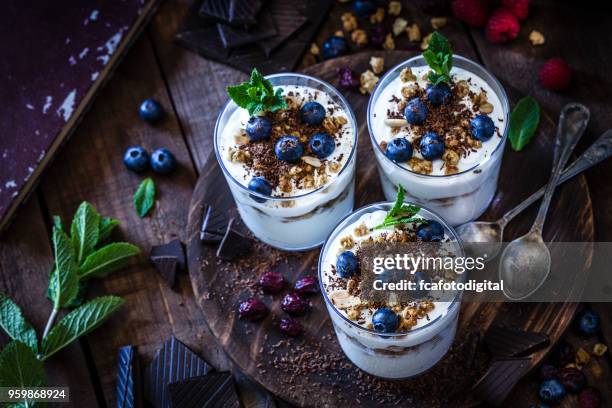 yoghurt met muesli, bessen vruchten en chocolade - healthy dishes no people stockfoto's en -beelden