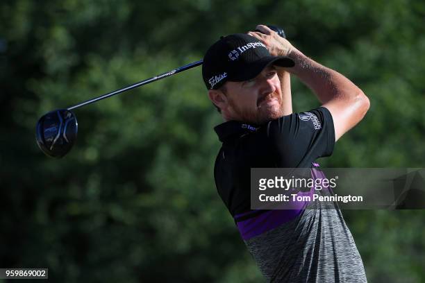 Jimmy Walker plays his tee shot on the 14th hole during the second round of the AT&T Byron Nelson at Trinity Forest Golf Club on May 18, 2018 in...