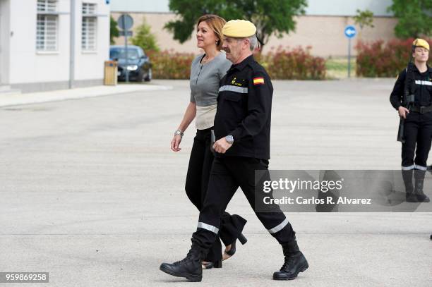 Spanish Minister of Defence Maria Doroles de Cospedal visits UME at Torrejon Military Air Base on May 18, 2018 in Torrejon De Ardoz, Spain.