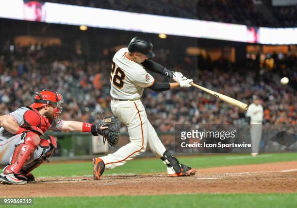 San Francisco Giants Catcher Buster Posey connects for a double in the bottom of the sixth inning during the Cincinnati Reds and San Francisco Giants...