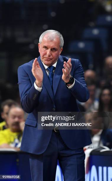 Fenerbahce's coach Zeljko Obradovic reacts during the first semi-final EuroLeague Final Four basketball match between Fenerbahçe and Zalgiris at The...