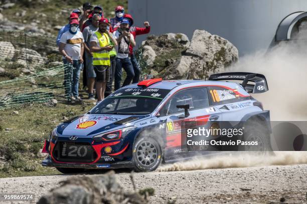 Daniel Sordo of Spain and Carlos Del Barrio of Spain compete in their Hyundai Shell Mobis WRT Hyundai i20 Coupe WRC during the SS5 Viana do Castelo...