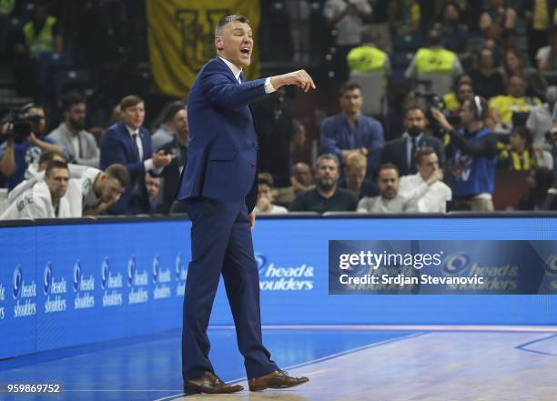 Head coach Sarunas Jasikevicius of Zalgiris reacts during the Turkish Airlines Euroleague Final Four Belgrade 2018 Semifinal match between Fenerbahce...