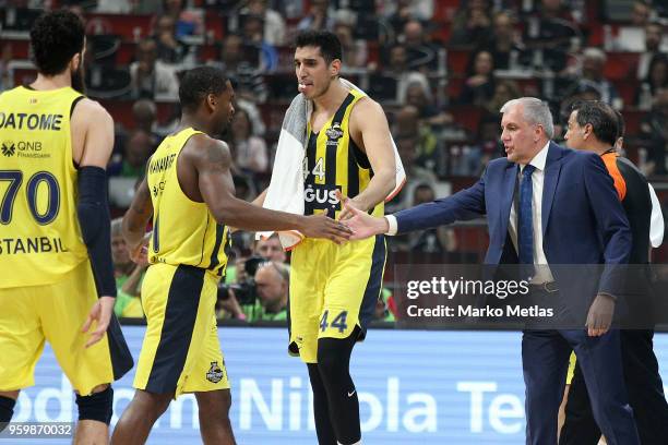 Zeljko Obradovic, Head Coach of Fenerbahce Dogus Istanbul, Brad Wanamaker, #11 of Fenerbahce Dogus Istanbul and Ahmet Duverioglu, #44 of Fenerbahce...