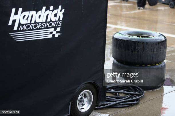 Rain falls on tires during practice for the Monster Energy NASCAR Cup Series All-Star Race at Charlotte Motor Speedway on May 18, 2018 in Charlotte,...