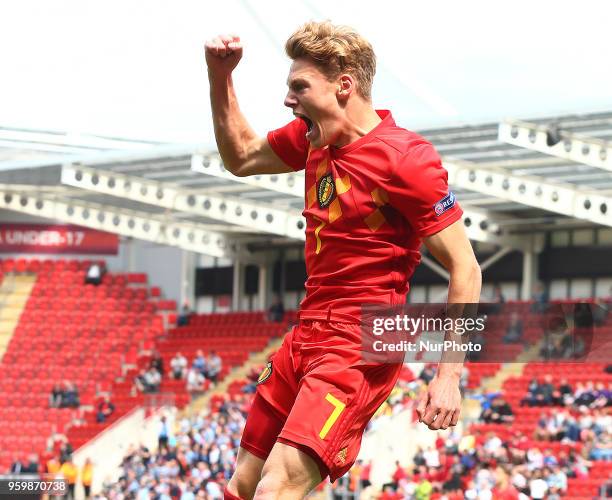 Yorbe Vartessen of Belgium Under 17 \celebrates scoring his sides first goal during the UEFA Under-17 Championship Semi-Final match between Italy...