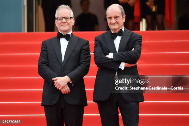 Director of the festival Thierry Fremaux and president of the festival Pierre Lescure attend the screening of "The Wild Pear Tree " during the 71st...