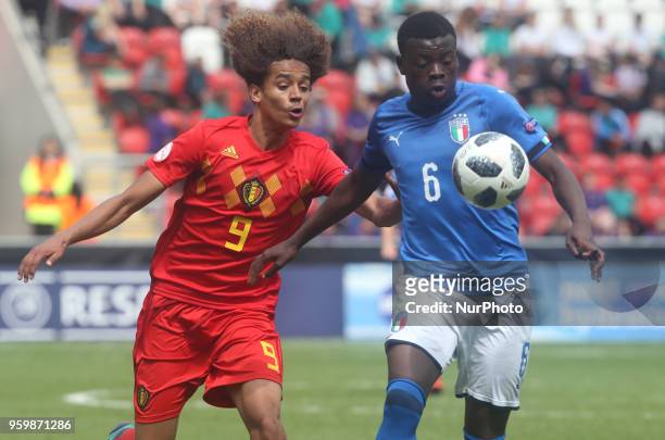 Gabriel Lemoine of Belgium Under 17 and Paolo Gozzi Iweru of Italy Under 17 during the UEFA Under-17 Championship Semi-Final match between Italy U17s...
