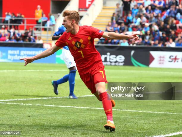 Yorbe Vartessen of Belgium Under 17 \celebrates scoring his sides first goal during the UEFA Under-17 Championship Semi-Final match between Italy...