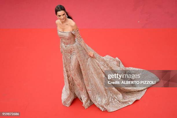 Brazilian model Alessandra Ambrosio poses as she arrives on May 18, 2018 for the screening of the film "The Wild Pear Tree " at the 71st edition of...