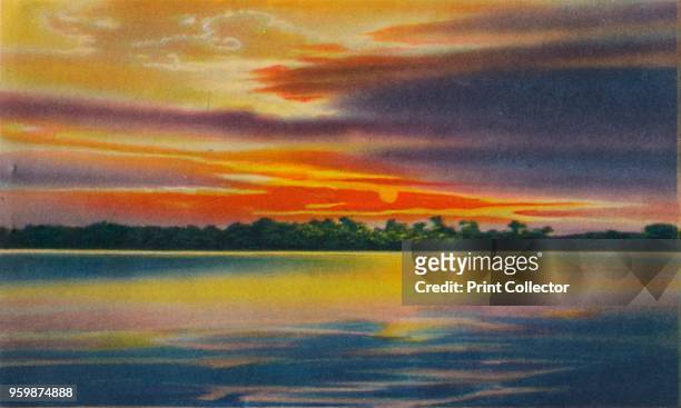 'Nightfall on the Magdalena River, Barranquilla'. From Barranquilla. [Raul de la Espriella B., Barranquilla]. Artist Unknown.
