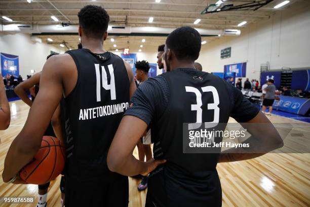 Kostas Antetokounmpo and Shake Milton look on during the NBA Draft Combine Day 1 at the Quest Multisport Center on May 17, 2018 in Chicago, Illinois....
