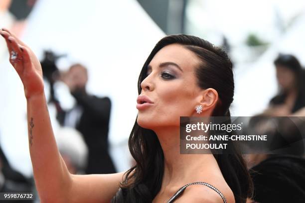 The wife of French businessman Arnaud Lagardere, Jade Foret poses as she arrives on May 18, 2018 for the screening of the film "The Wild Pear Tree "...