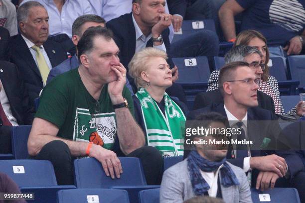 Arvydas Sabonis former Lithuanian basketball player, Dalia Grybauskaite president of Lithuania and Robertas Javtokas attend the 2018 Turkish Airlines...