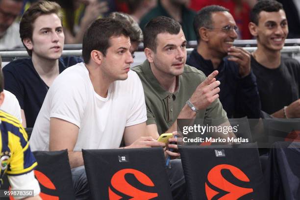 Nemanja Bjelica and Sava Lesic players of Serbian national basketball team attend the 2018 Turkish Airlines EuroLeague F4 Semifinal B game between...