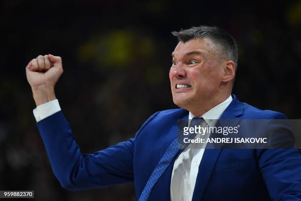 Zalgirs' Lithuanian head coach Sarunas Jasikevicius shouts from the touchline during the first semi-final EuroLeague Final Four basketball match...