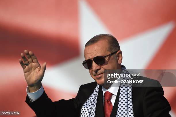 Turkish President Recep Tayyip Erdogan addresses a protest rally in Istanbul on May 18 against the recent killings of Palestinian protesters on the...