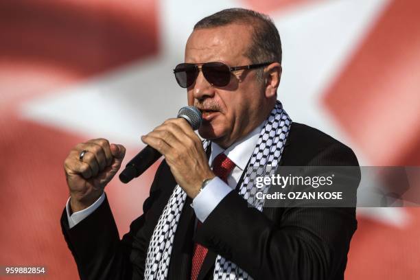 Turkish President Recep Tayyip Erdogan addresses a protest rally in Istanbul on May 18 against the recent killings of Palestinian protesters on the...