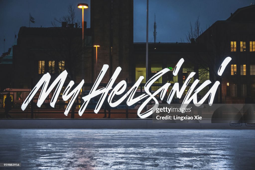 'My Helsinki' Sign on Helsinki Icepark at Railway Station Square, Helsinki, Finland