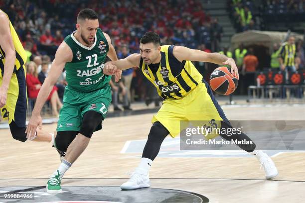 Kostas Sloukas, #16 of Fenerbahce Dogus Istanbul competes with Vasilije Micic, #22 of Zalgiris Kaunas during the 2018 Turkish Airlines EuroLeague F4...