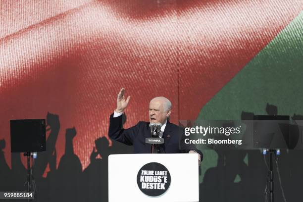 Devlet Bahceli, leader of the Turkish Nationalist Party , speaks at a rally in support of the Palestinians in Istanbul, Turkey, on Friday, May 18,...