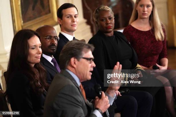 Secretary of Energy Rick Perry speaks as Texas Public Policy Foundation President and CEO Brooke Rollins , news commentator Van Jones , Senior White...