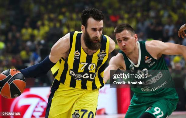 Luigi Datome of Fenerbahce Dogus in action against Edgaras Ulanovas of Zalgiris Kaunas during the Turkish Airlines EuroLeague Final Four match...