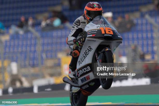 Andrea Migno of Italy and Angel Nieto Team Moto3 lifts the front wheel during the MotoGp of France - Free Practice on May 18, 2018 in Le Mans, France.