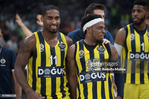 Brad Wanamaker, #11 of Fenerbahce Dogus Istanbul and Ali Muhammed, #35 celebrates at the end of the 2018 Turkish Airlines EuroLeague F4 Semifinal B...