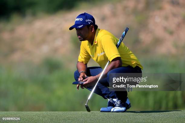 Anirban Lahiri of India reads the third green during the second round of the AT&T Byron Nelson at Trinity Forest Golf Club on May 18, 2018 in Dallas,...
