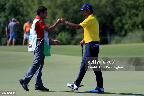 Anirban Lahiri of India reacts to a putt on the third green during the second round of the AT&T Byron Nelson at Trinity Forest Golf Club on May 18,...