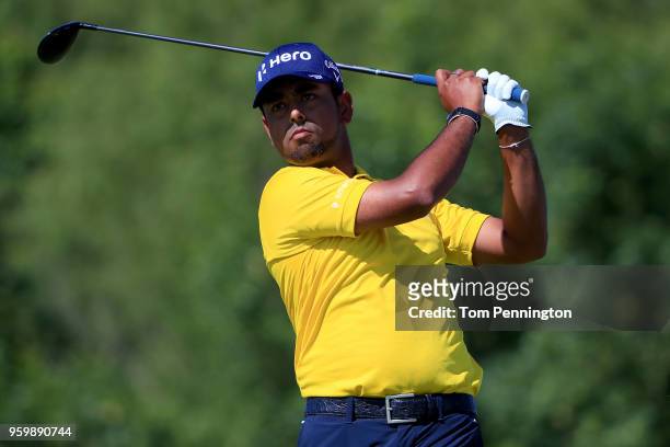 Anirban Lahiri of India plays a shot on the fourth tee during the second round of the AT&T Byron Nelson at Trinity Forest Golf Club on May 18, 2018...