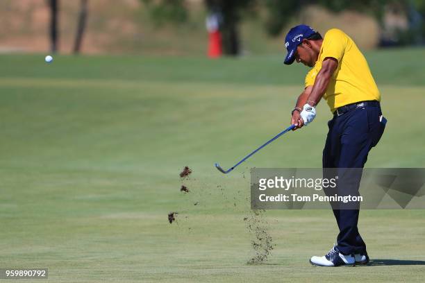Anirban Lahiri of India plays a shot on the fourth hole during the second round of the AT&T Byron Nelson at Trinity Forest Golf Club on May 18, 2018...