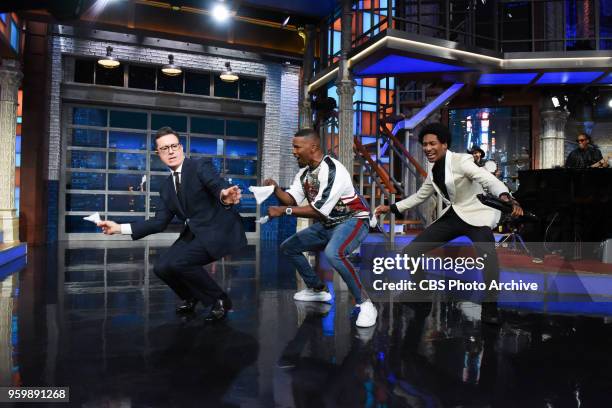 The Late Show with Stephen Colbert and guest Jamie Foxx during Tuesday's May 15, 2018 show.