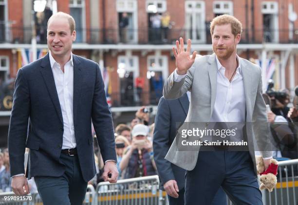 Prince Harry and Prince William, Duke of Cambridge meet the public in Windsor on the eve of the wedding at Windsor Castle on May 18, 2018 in Windsor,...